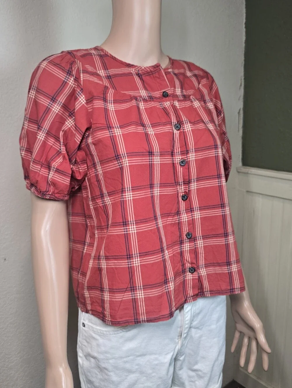 Madewell Red Plaid Short Sleeve Round Neck Lightweight Cotton Prose Shirt S